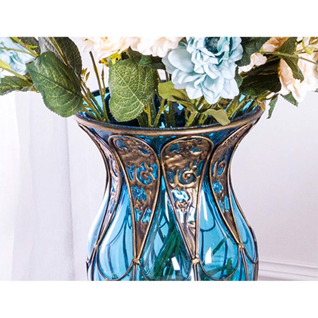 85cm Green Glass Tall Floor Vase and 12pcs Blue Artificial Fake Flower Set Vases Fast shipping On sale