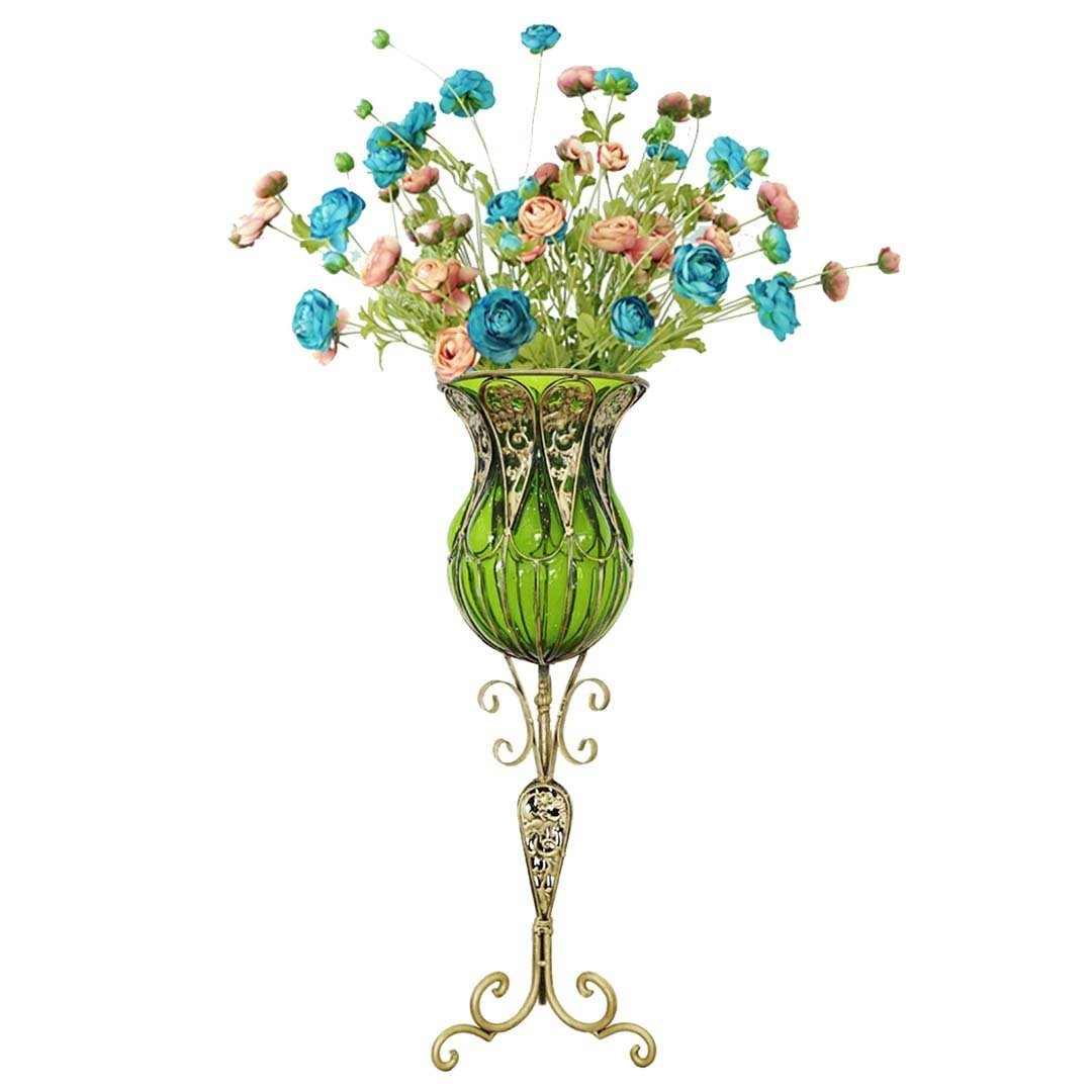 85cm Green Glass Tall Floor Vase and 12pcs Blue Artificial Fake Flower Set Vases Fast shipping On sale