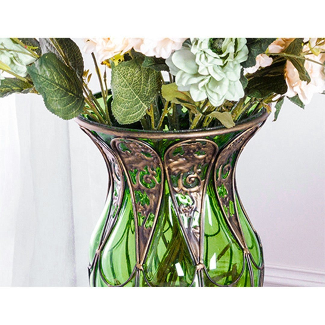 85cm Green Glass Tall Floor Vase and 12pcs Dark Pink Artificial Fake Flower Set Vases Fast shipping On sale