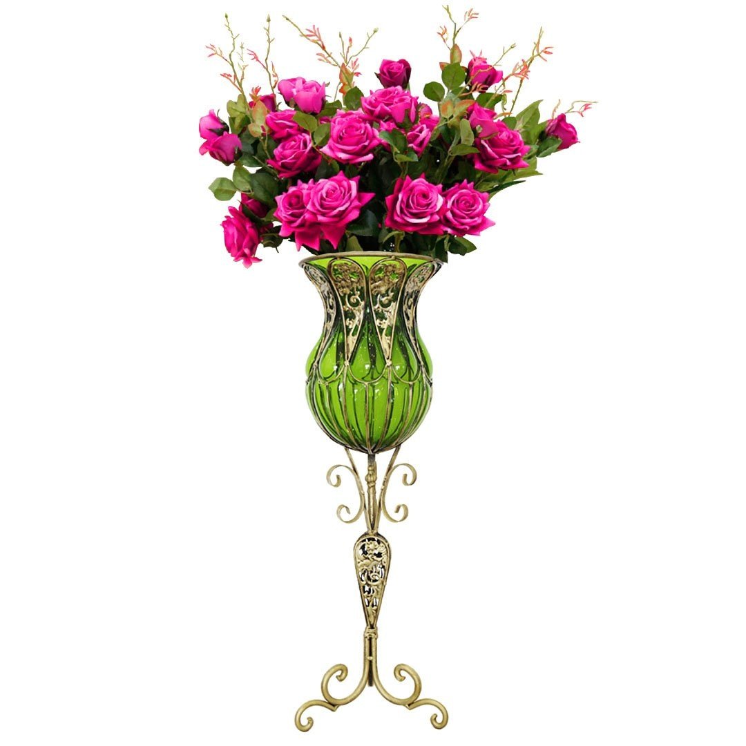 85cm Green Glass Tall Floor Vase and 12pcs Dark Pink Artificial Fake Flower Set Vases Fast shipping On sale