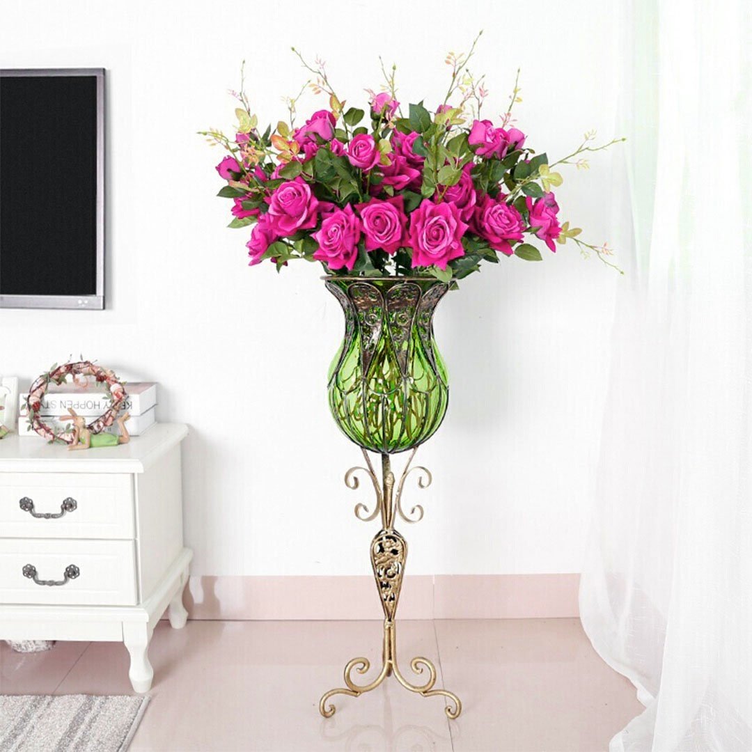 85cm Green Glass Tall Floor Vase and 12pcs Dark Pink Artificial Fake Flower Set Vases Fast shipping On sale