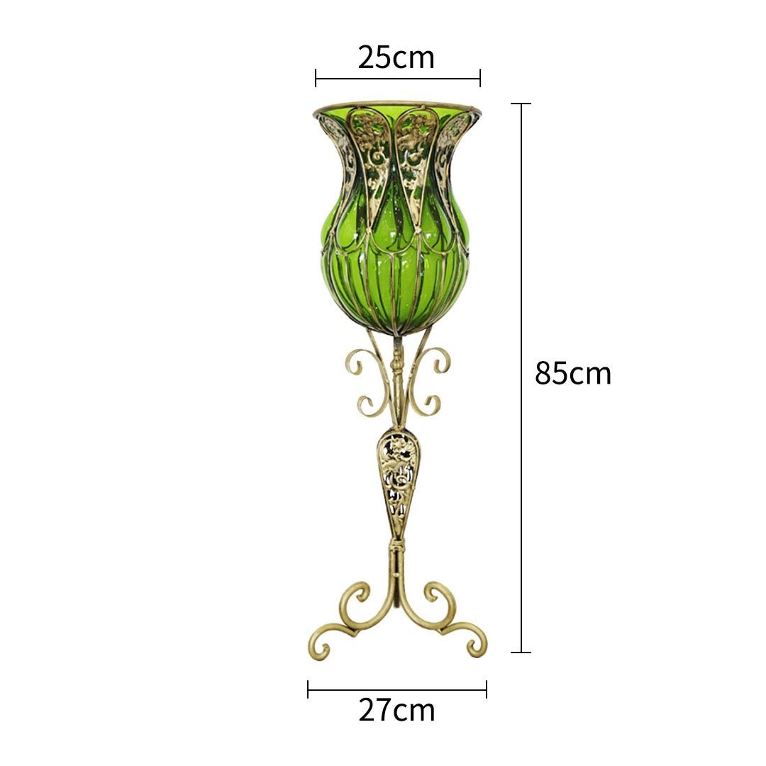 85cm Green Glass Tall Floor Vase and 12pcs Dark Pink Artificial Fake Flower Set Vases Fast shipping On sale