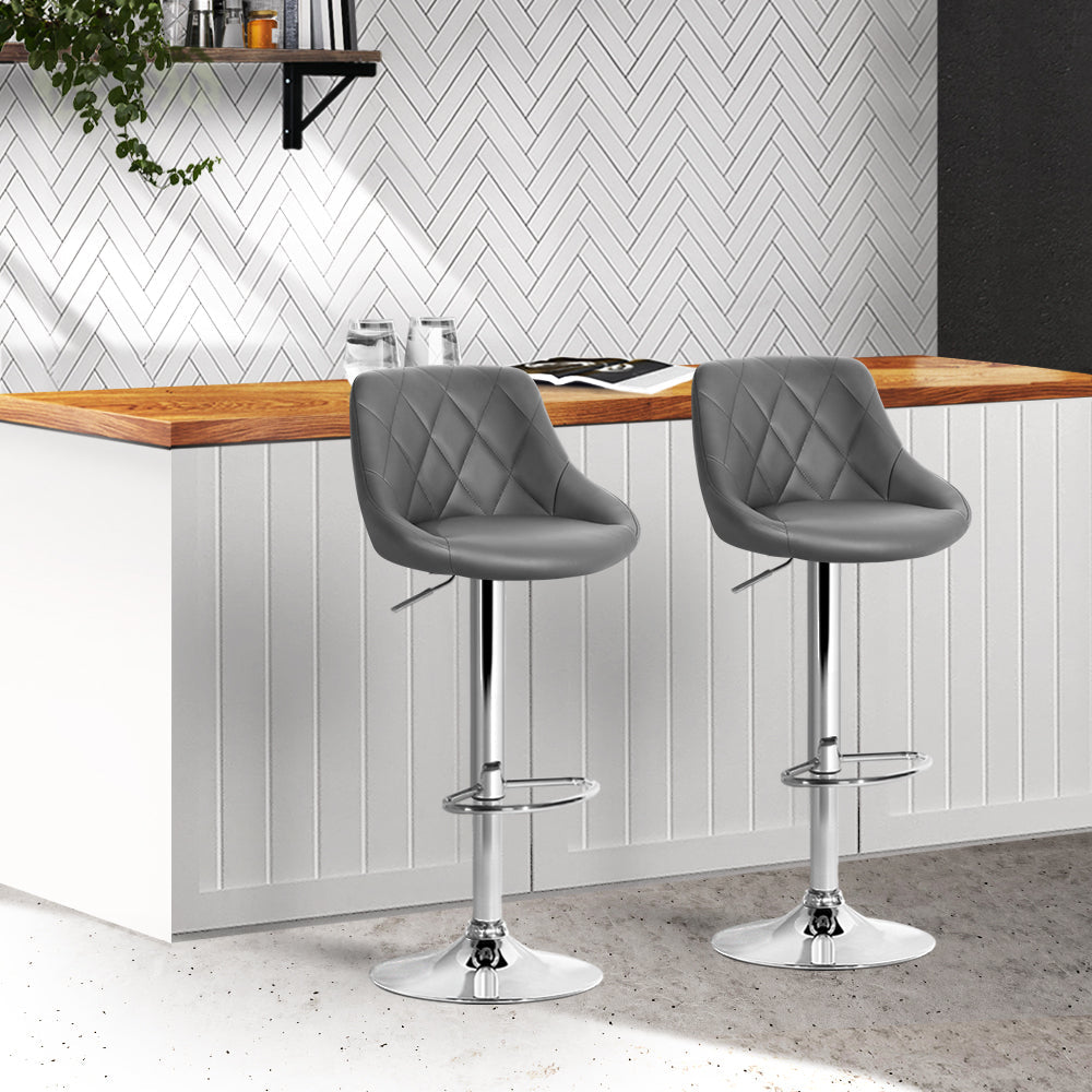 Set of 2 Bar Stools PU Leather Diamond Style - Grey Stool Fast shipping On sale