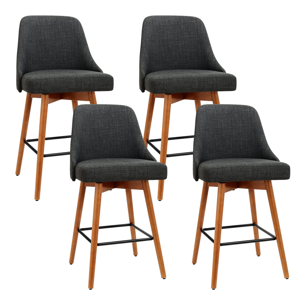 Set of 4 Wooden Fabric Bar Stools Square Footrest - Charcoal