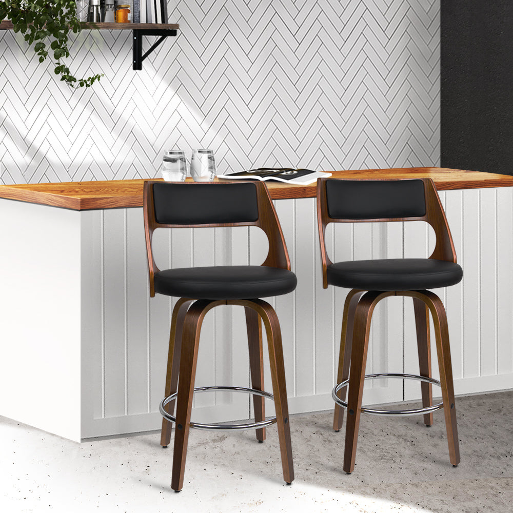 Set of 2 Wooden Bar Stools PU Leather - Black and Wood