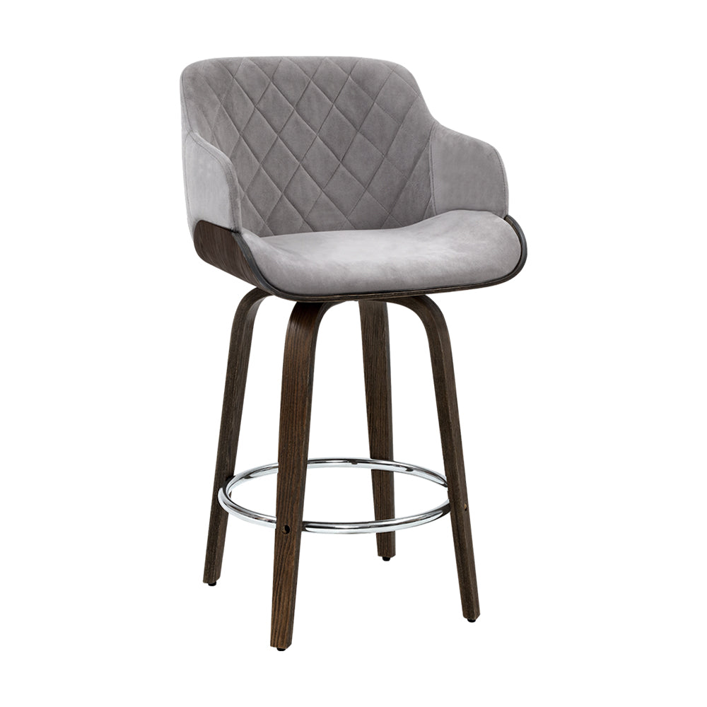 Velvet Fabric Bar Stool Swivel Wooden Frame - Grey and Wood Fast shipping On sale