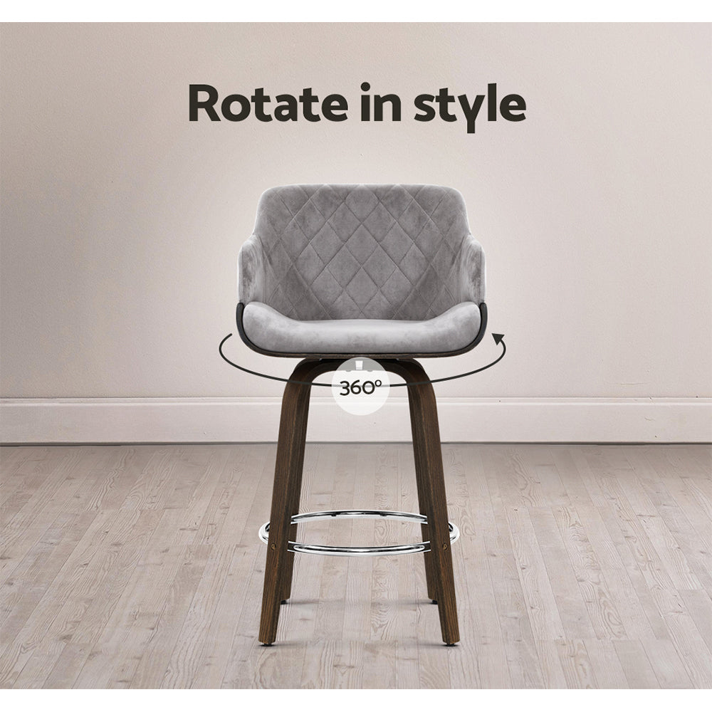 Velvet Fabric Bar Stool Swivel Wooden Frame - Grey and Wood Fast shipping On sale