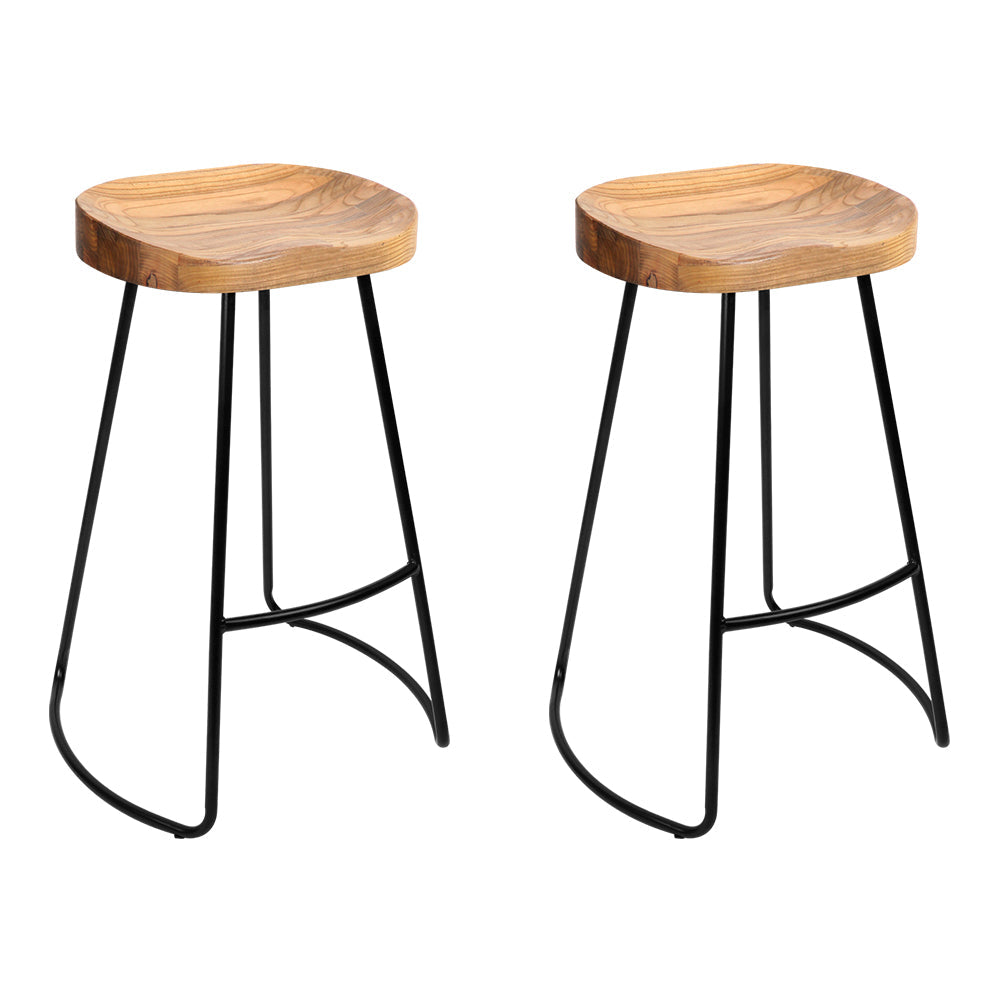 Set of 2 Elm Wood Backless Bar Stools 65cm - Black and Light Natural Stool Fast shipping On sale