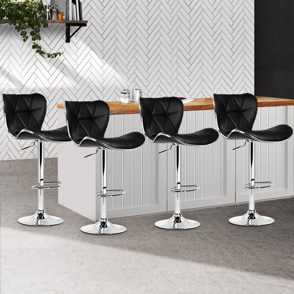 Set of 4 PU Leather Patterned Bar Stools - Black and Chrome
