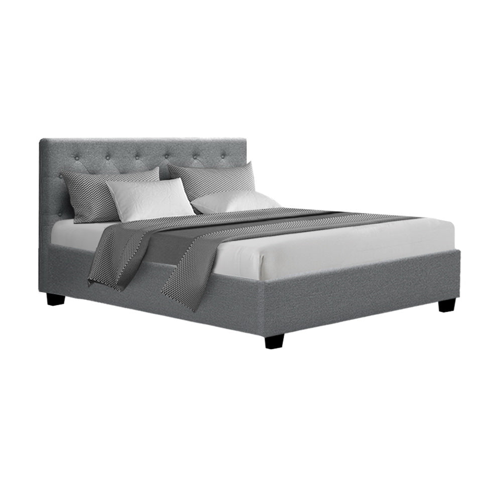 Vila Bed Frame Fabric Gas Lift Storage - Grey Double Fast shipping On sale