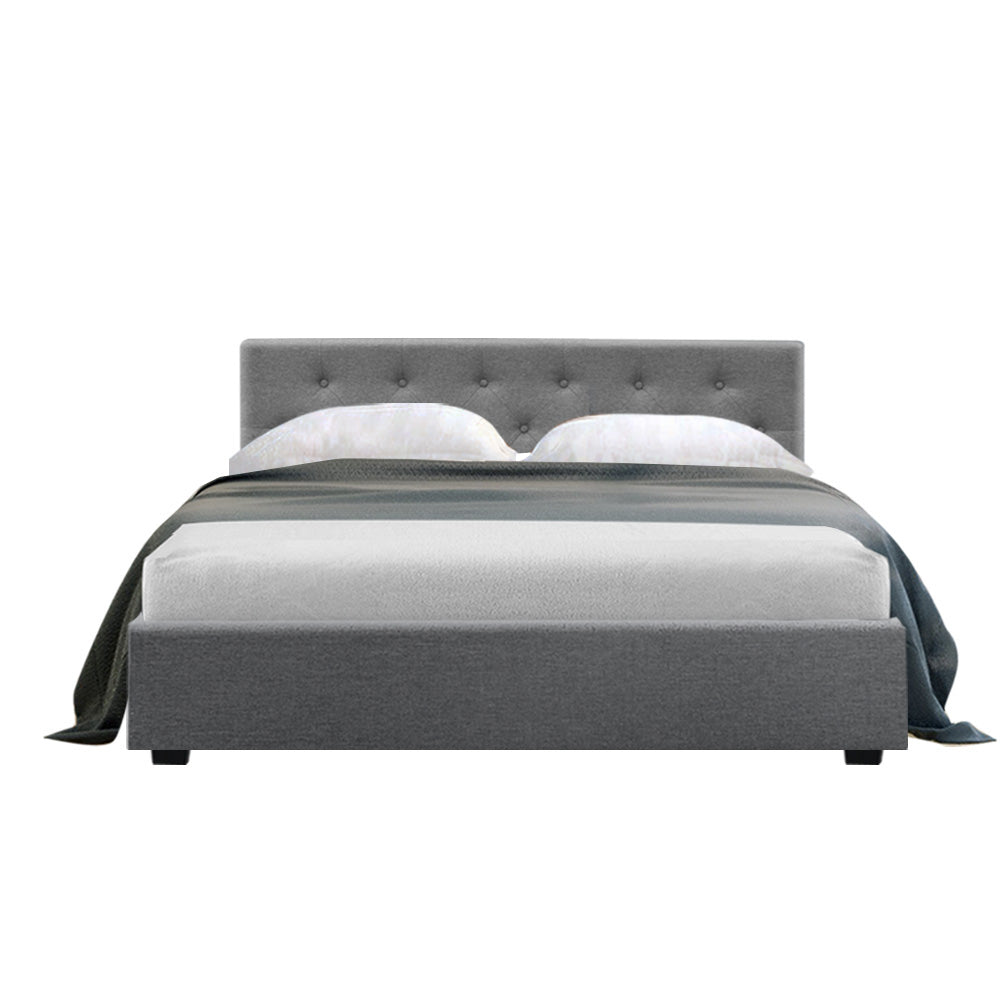 Vila Bed Frame Fabric Gas Lift Storage - Grey Double Fast shipping On sale