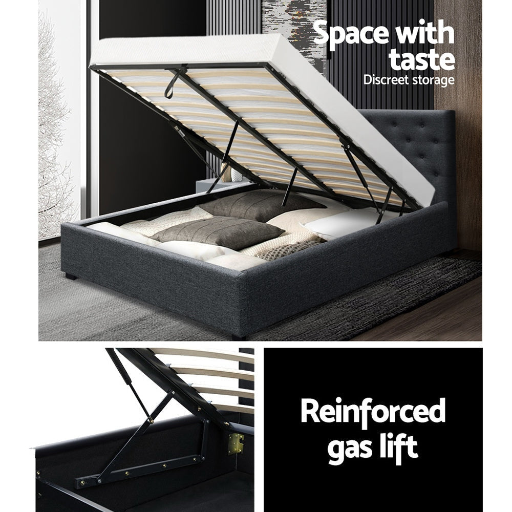 Vila Bed Frame Fabric Gas Lift Storage - Charcoal Queen