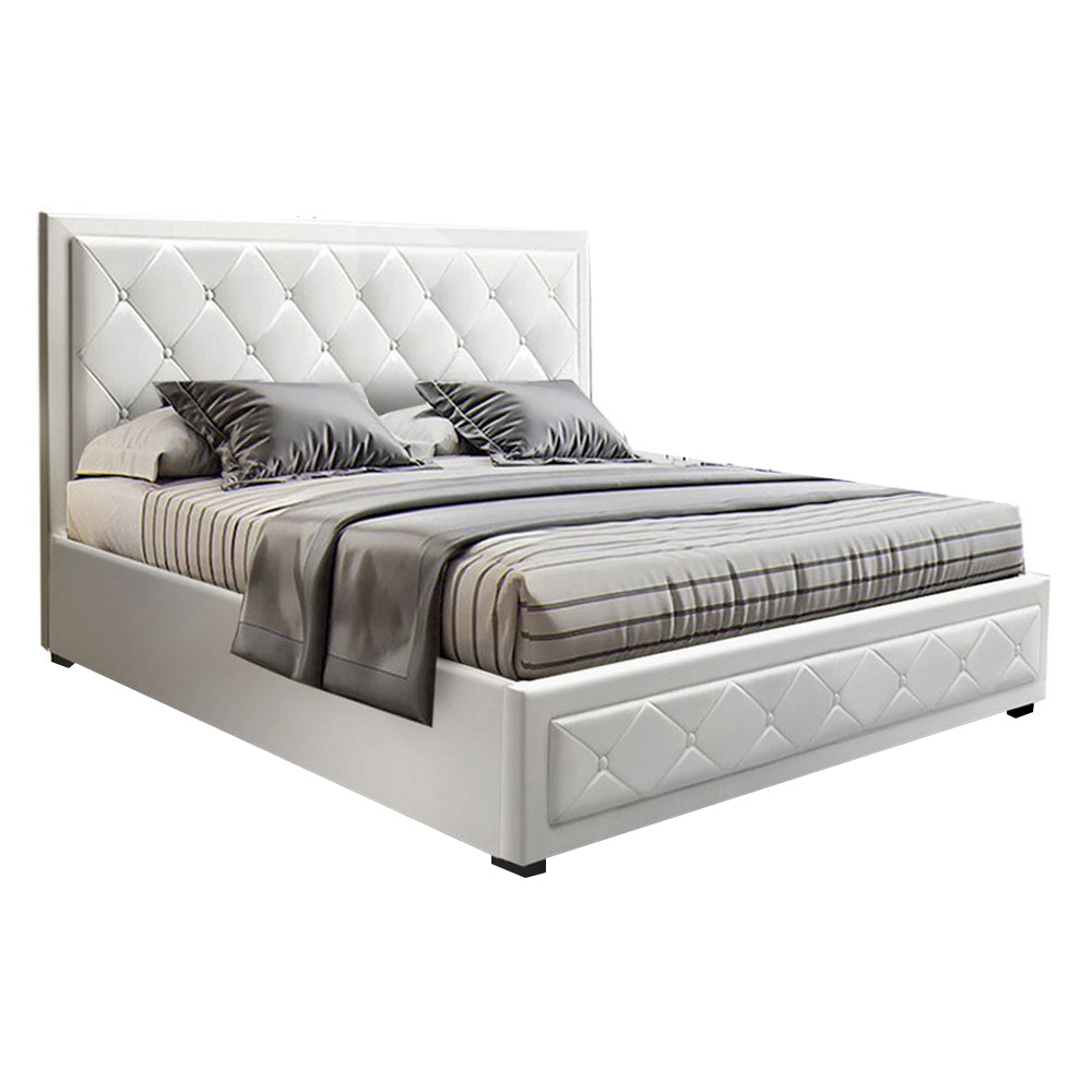 Tiyo Bed Frame PU Leather Gas Lift Storage - White Double Fast shipping On sale