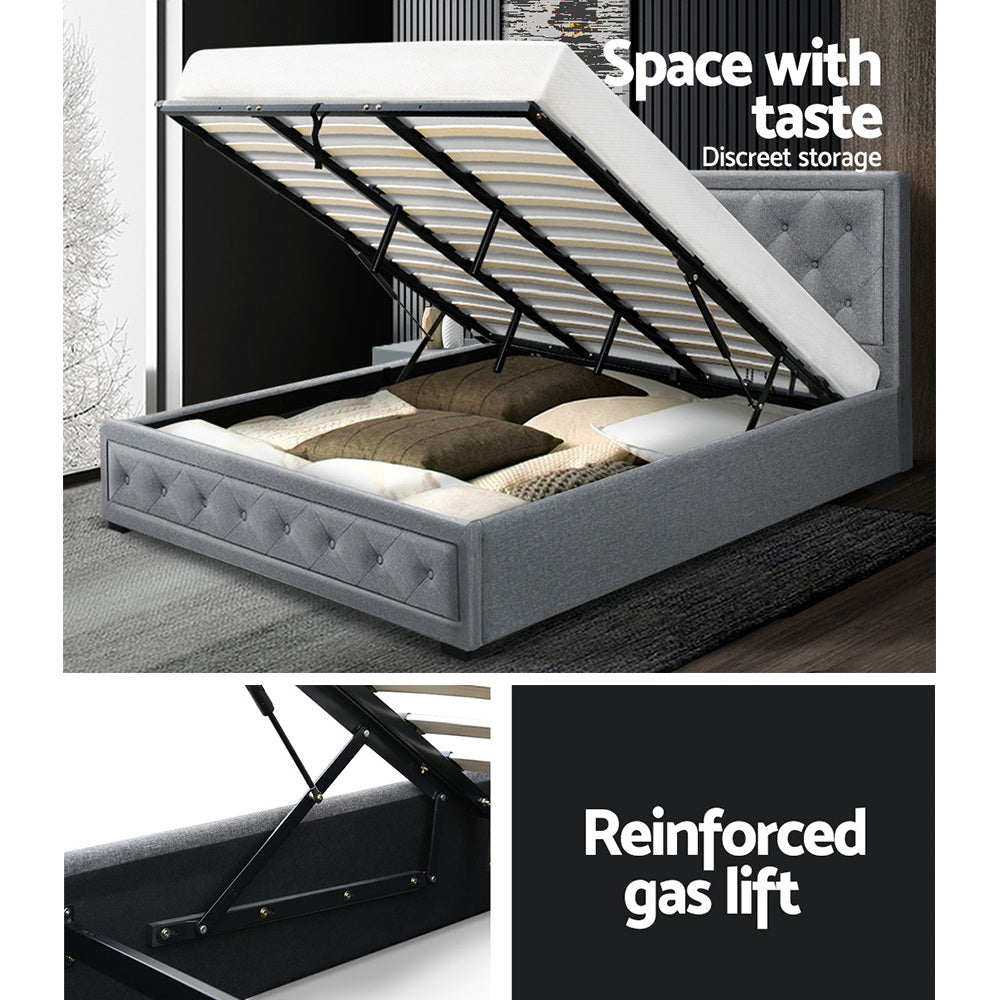 Tiyo Bed Frame Fabric Gas Lift Storage - Grey King