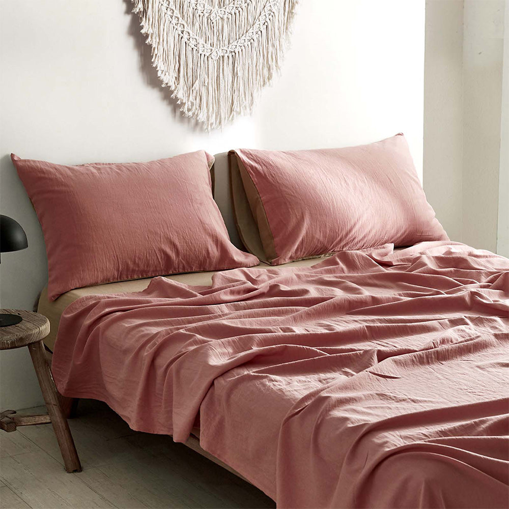 Cosy Club Washed Cotton Sheet Set Pink Brown Queen Bed Fast shipping On sale