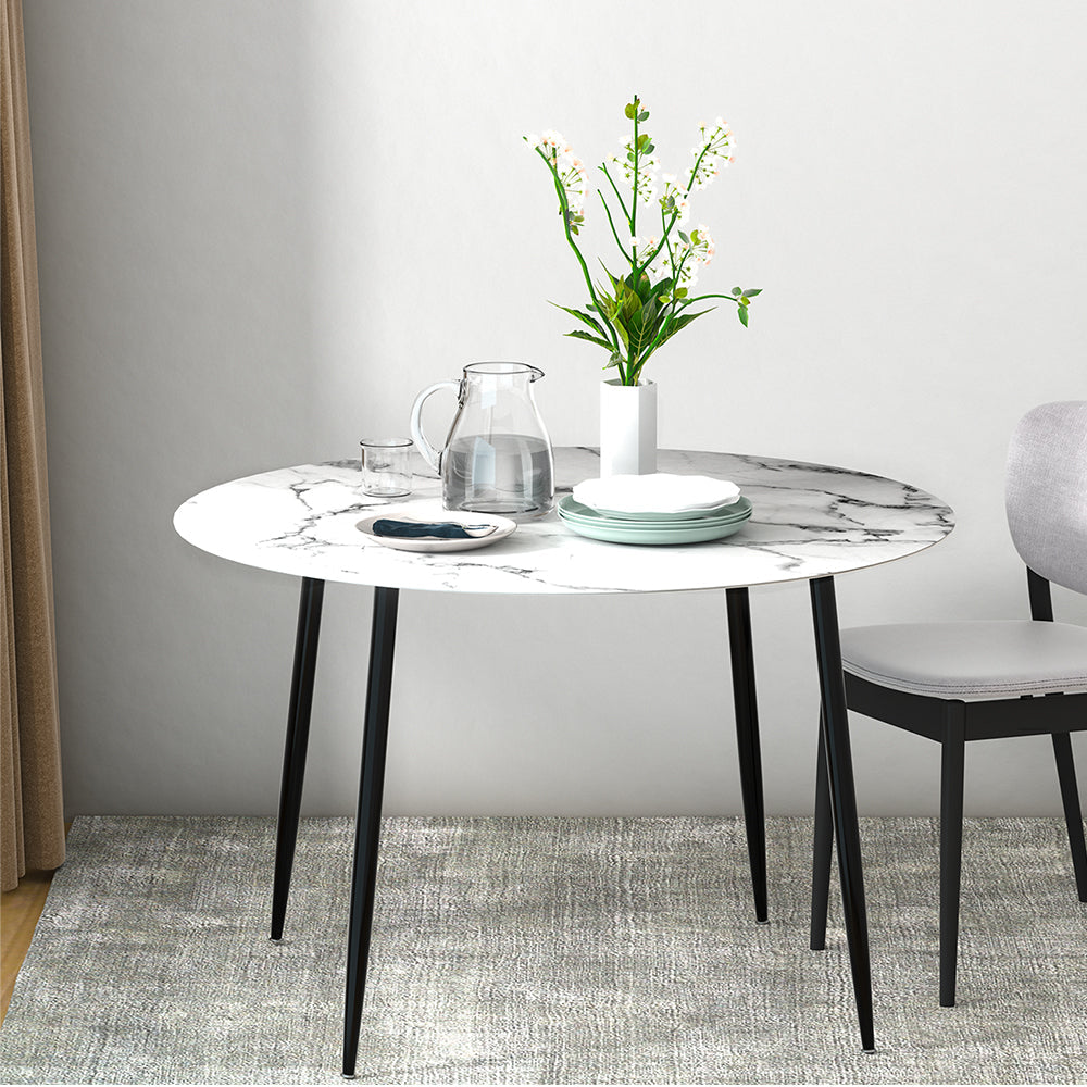 Dining Table Round Wooden With Marble Effect Metal Legs 110CM White Fast shipping On sale