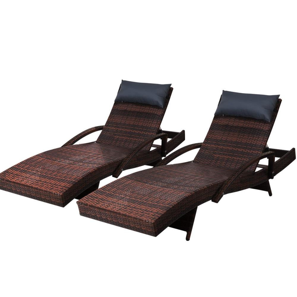 Set of 2 Sun Lounge Outdoor Furniture Wicker Lounger Rattan Day Bed Garden Patio Brown