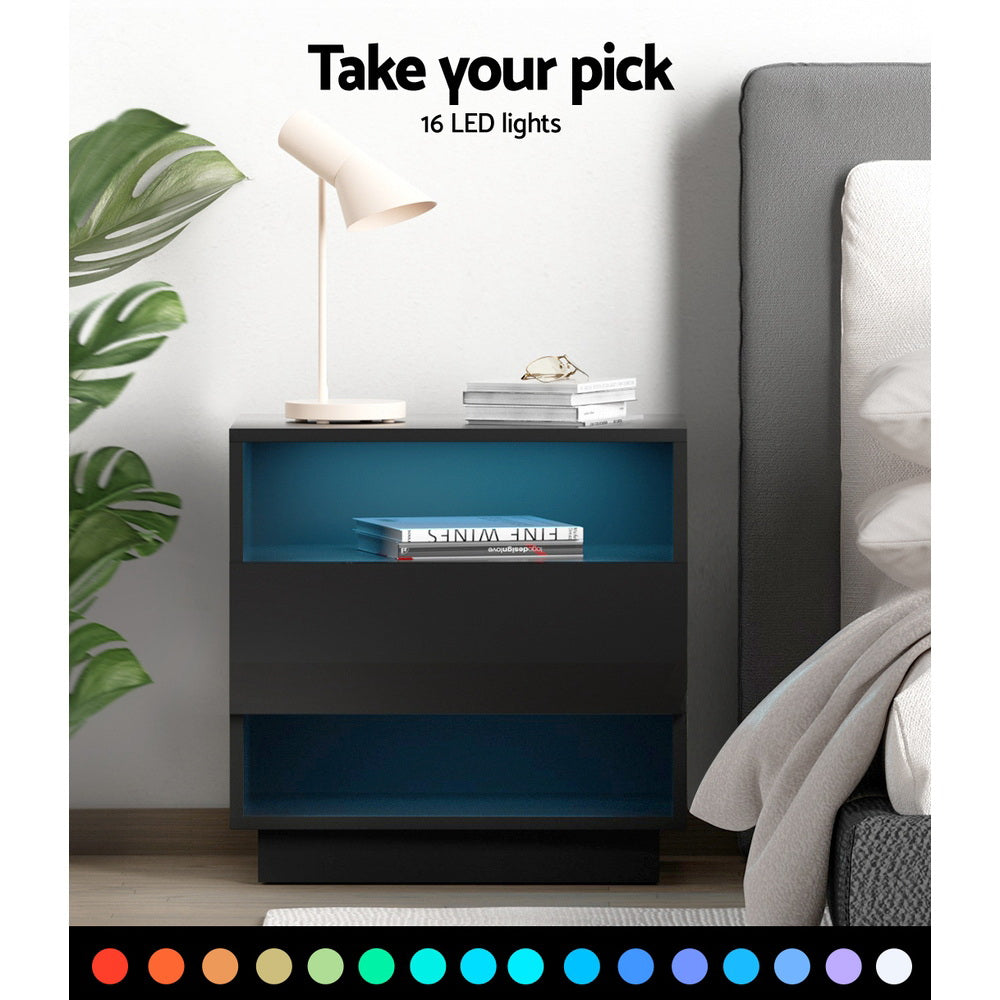 Artiss Bedside Tables Side Table RGB LED Drawers Nightstand High Gloss Black Fast shipping On sale