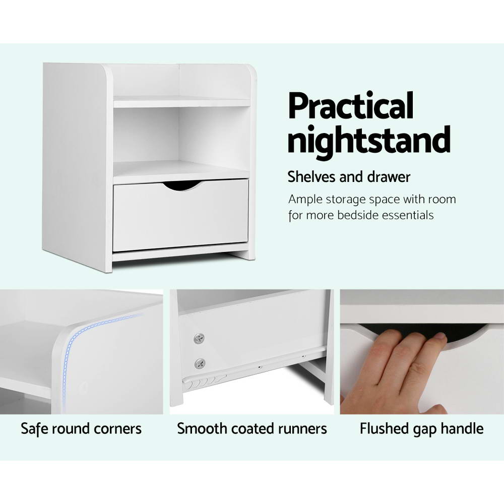 Modern Open Shelf NightStand Bedside Side Table W/ Drawer - White