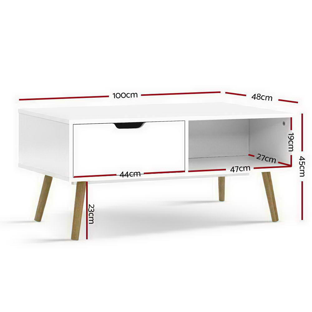 Coffee Table Storage Drawer Open Shelf Wooden Legs Scandinavian White