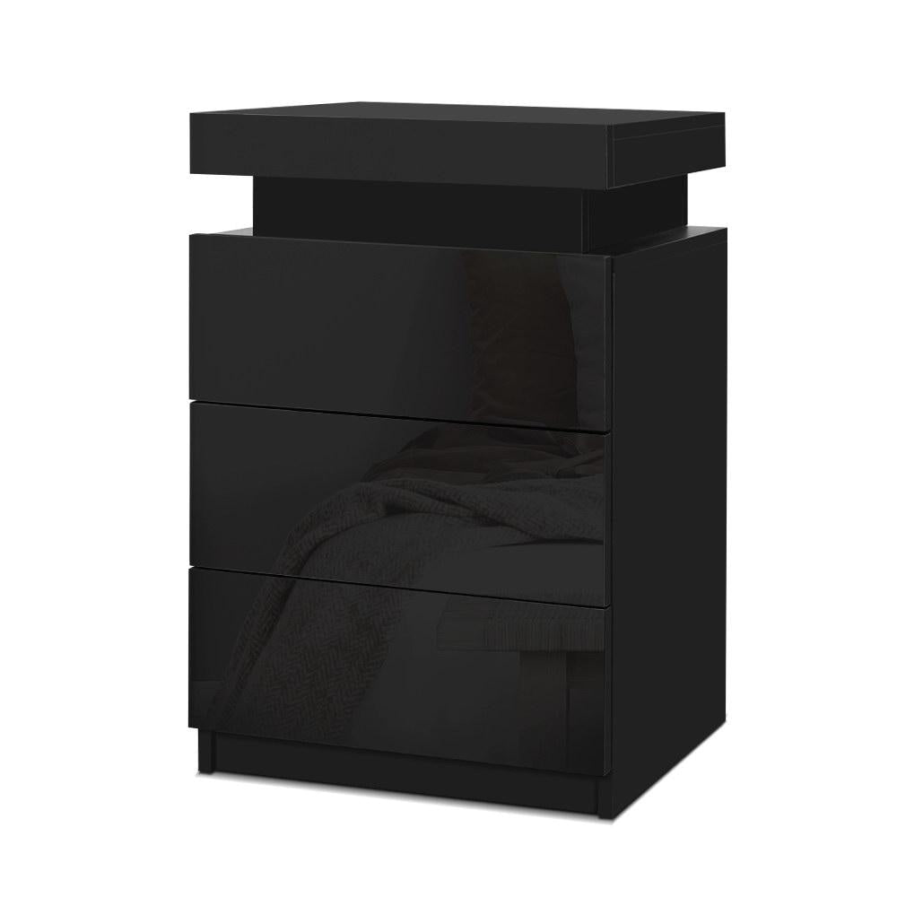 Bedside Tables Side Table 3 Drawers RGB LED High Gloss Nightstand Black