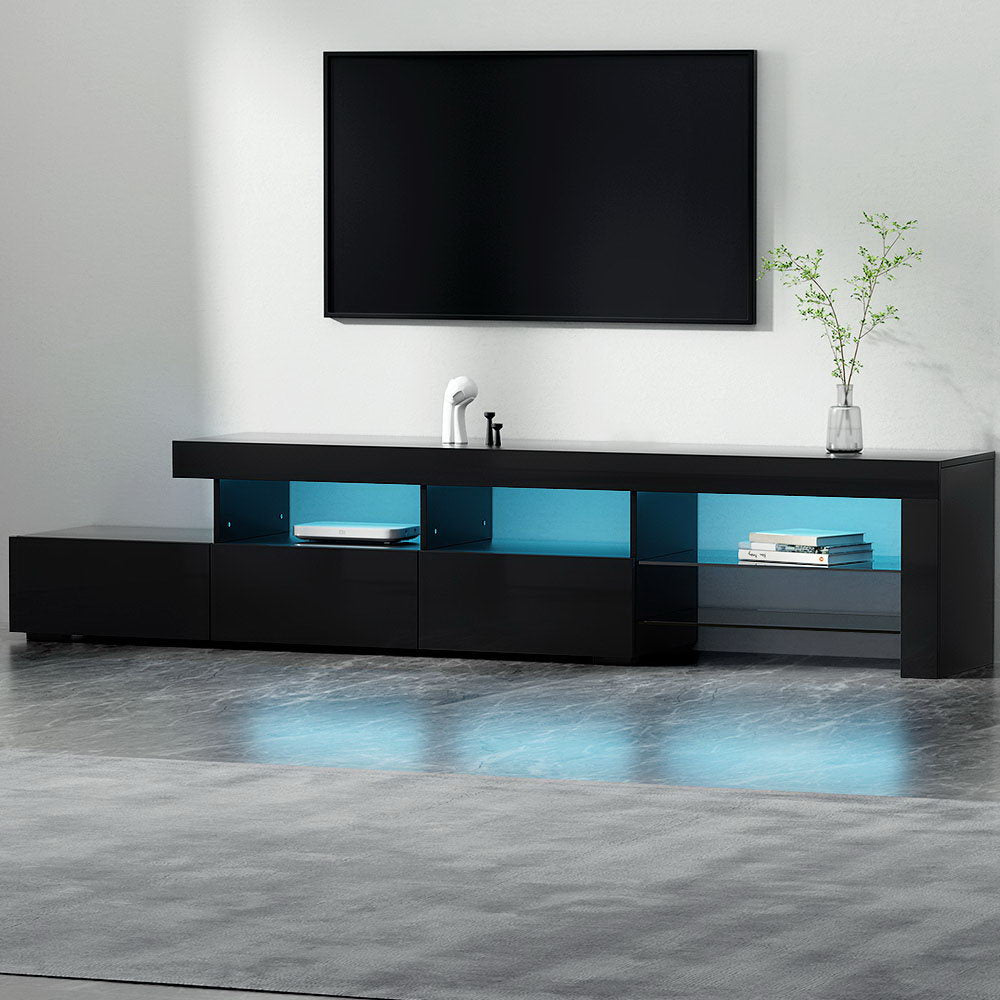 TV Cabinet Entertainment Unit Stand RGB LED Gloss Furniture 215cm Black