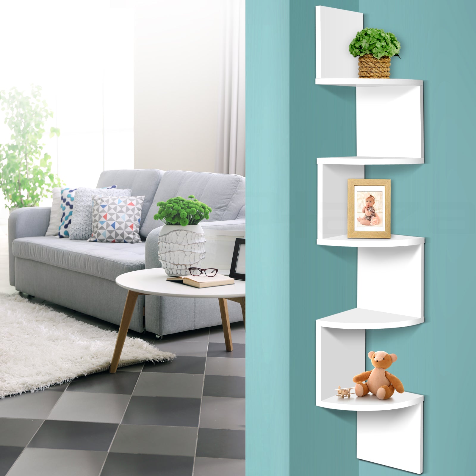 5 Tier Corner Wall Bookase Shelf Display Storage Cabinet - White