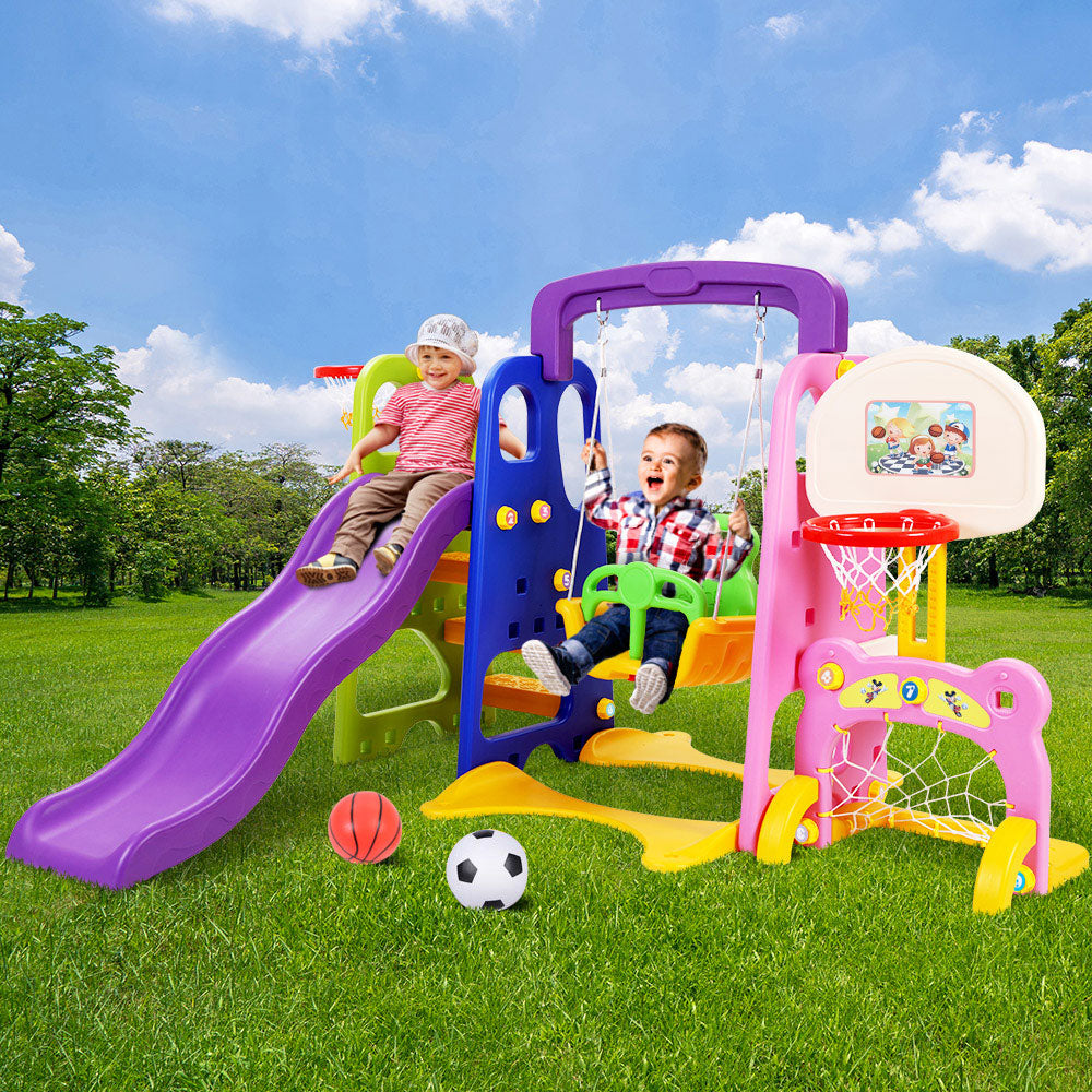 Kids 7-in-1 Slide Swing with Basketball Hoop Toddler Outdoor Indoor Play