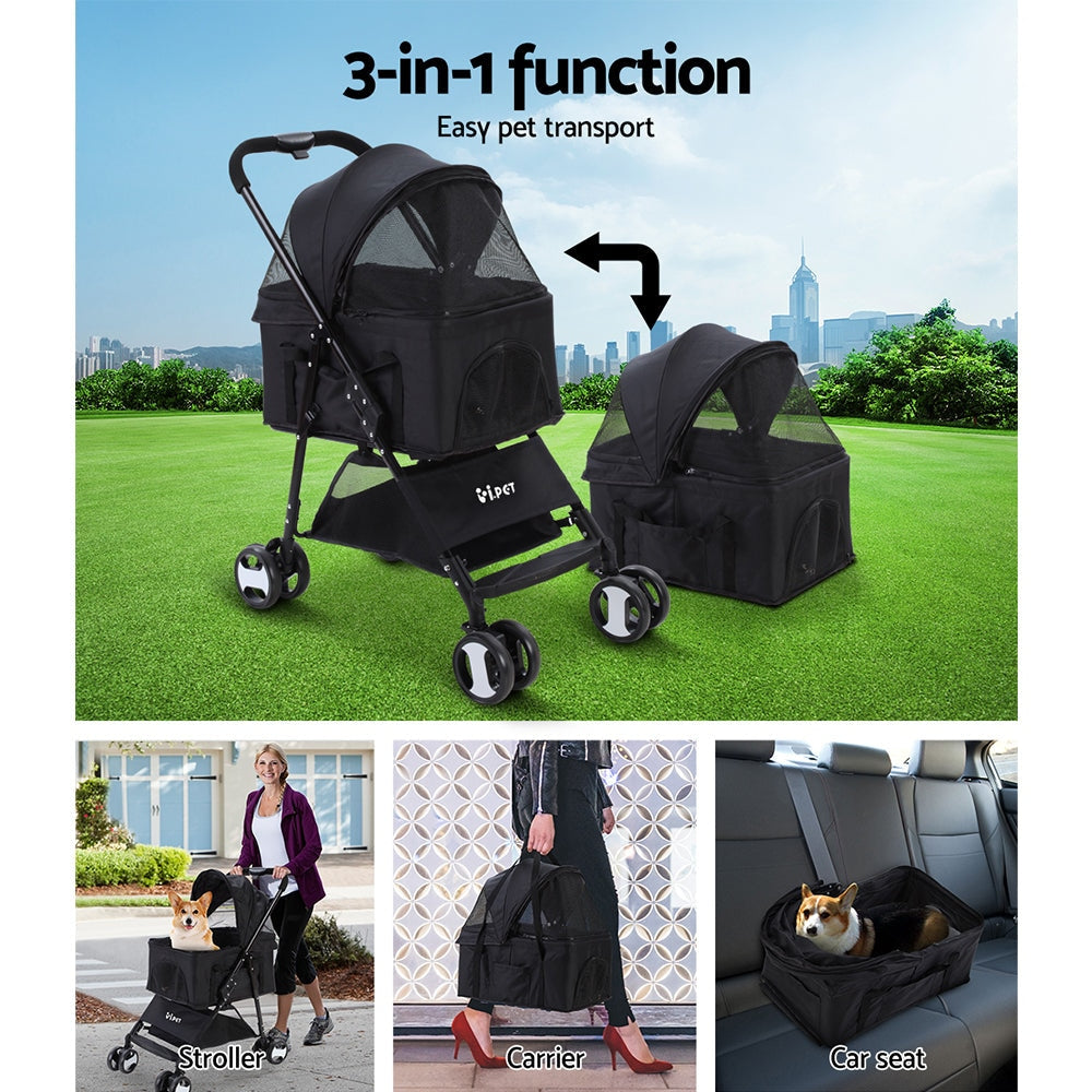 Pet Stroller Dog Carrier Foldable Pram 3 IN 1 Middle Size Black