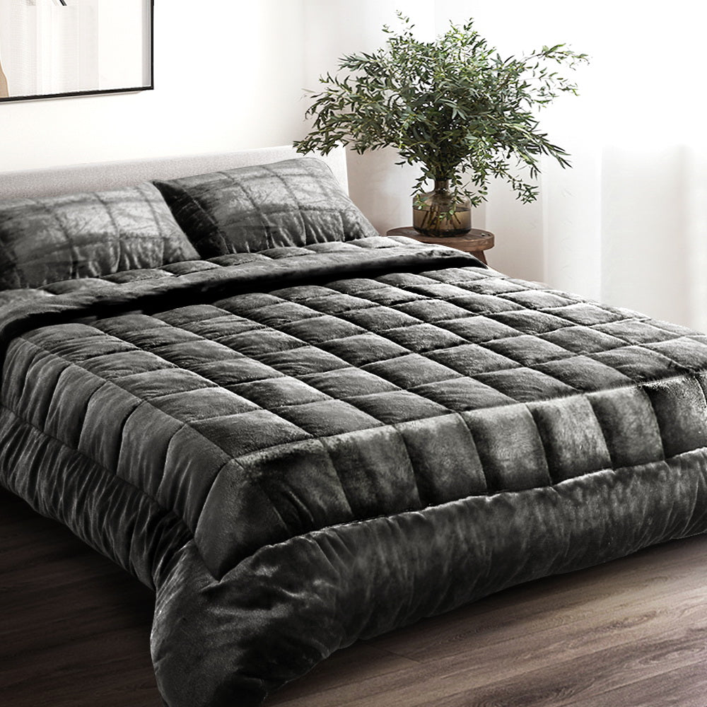 Bedding Faux Mink Quilt Comforter Fleece Throw Blanket Doona Charcoal Super King