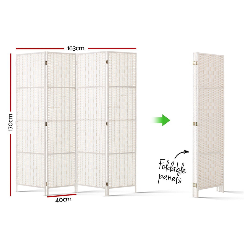 4 Panels Room Divider Screen Privacy Rattan Timber Fold Woven Stand White