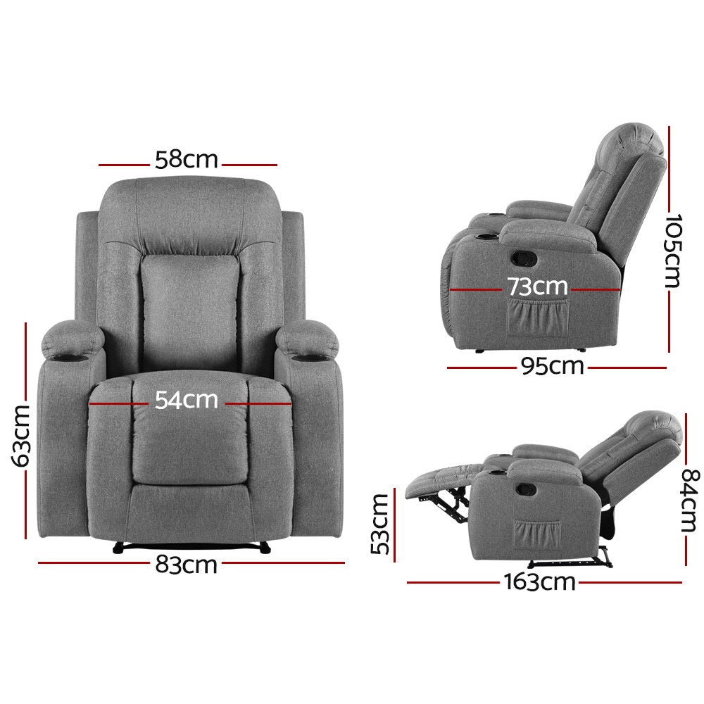 Recliner Chair Electric Massage Chair Fabric Lounge Sofa Heated Grey