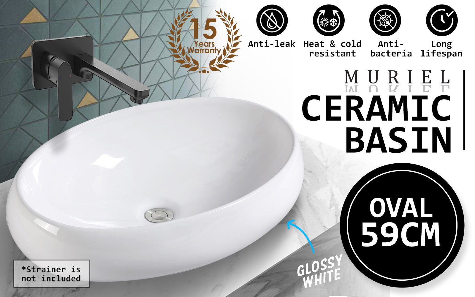 Muriel 59 x 40 14.5cm White Ceramic Bathroom Basin Vanity Sink Oval Above Counter Top Mount Bowl Accessories Fast shipping On sale