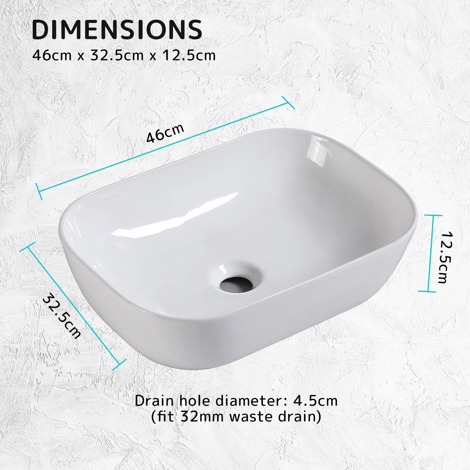 Muriel 46 x 32.5 12.5cm White Ceramic Bathroom Basin Vanity Sink Above Counter Top Mount Bowl Accessories Fast shipping On sale