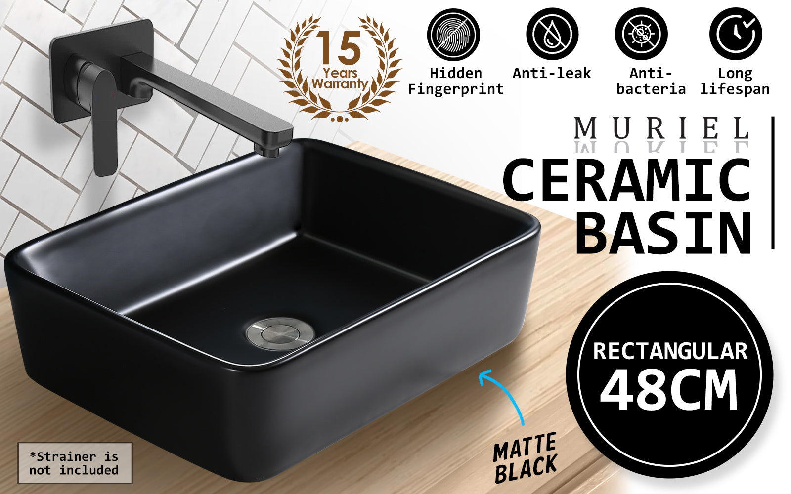 Muriel 48 x 37.5 x 13cm Black Ceramic Bathroom Basin Vanity Sink Above Counter Top Mount Bowl