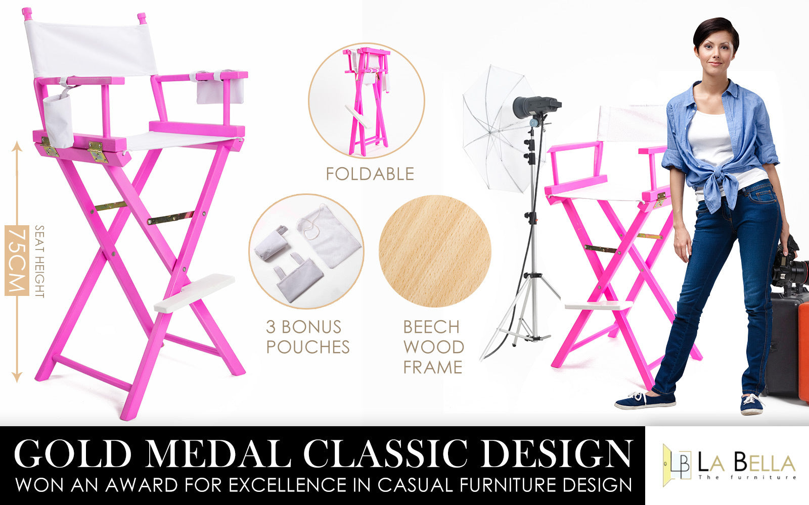 La Bella Pink Folding Tall Chair DARK HUMOR Movie Director 75cm Bar Stool Fast shipping On sale