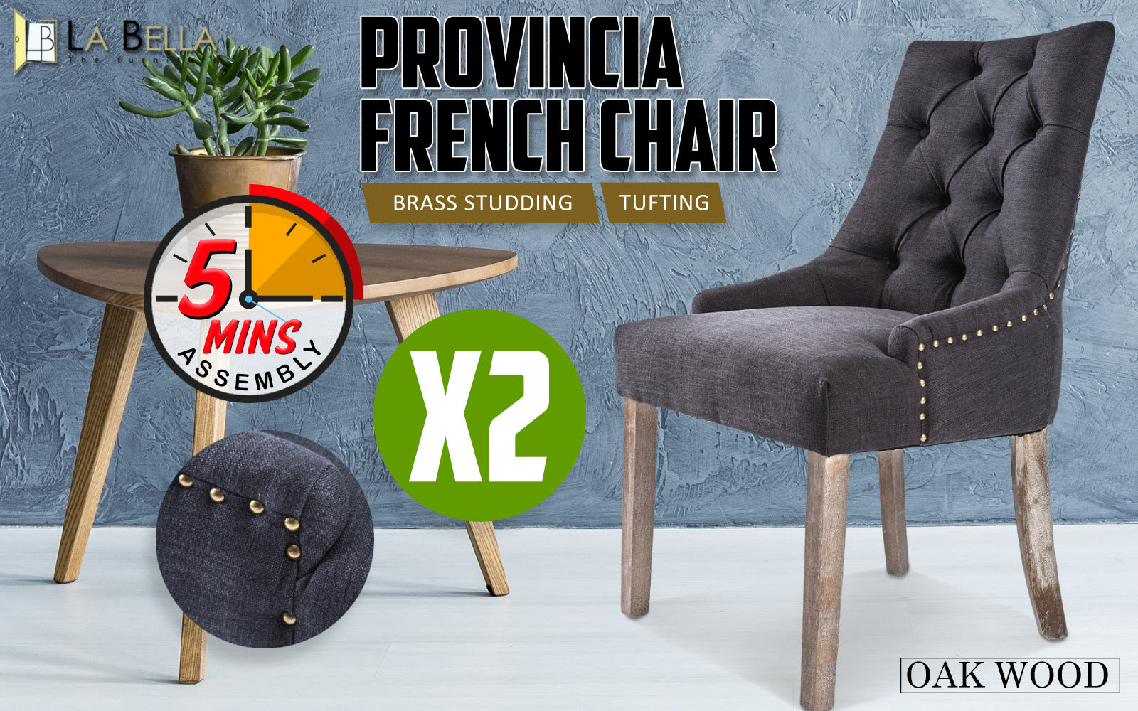 La Bella 2 Set Black (Charcoal) French Provincial Dining Chair Amour Oak Leg Fast shipping On sale