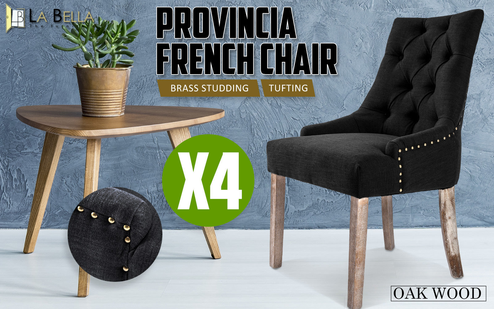 La Bella 4 Set Dark Black French Provincial Dining Chair Amour Oak Leg Fast shipping On sale