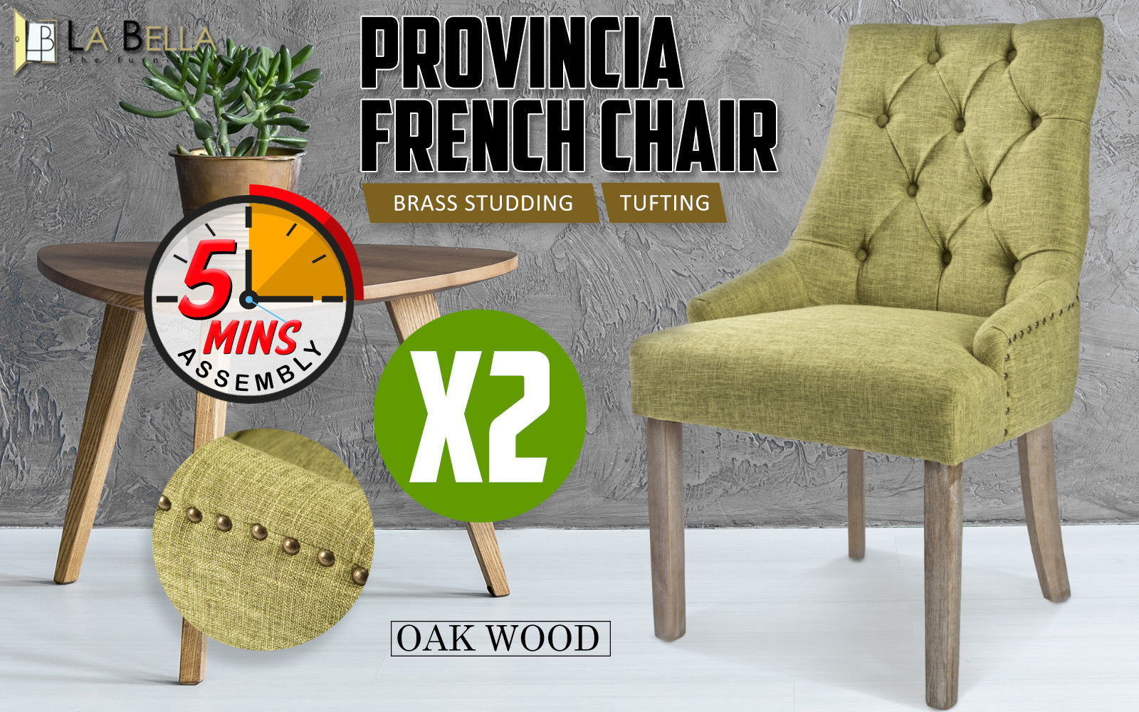 La Bella 2 Set Green French Provincial Dining Chair Amour Oak Leg Fast shipping On sale