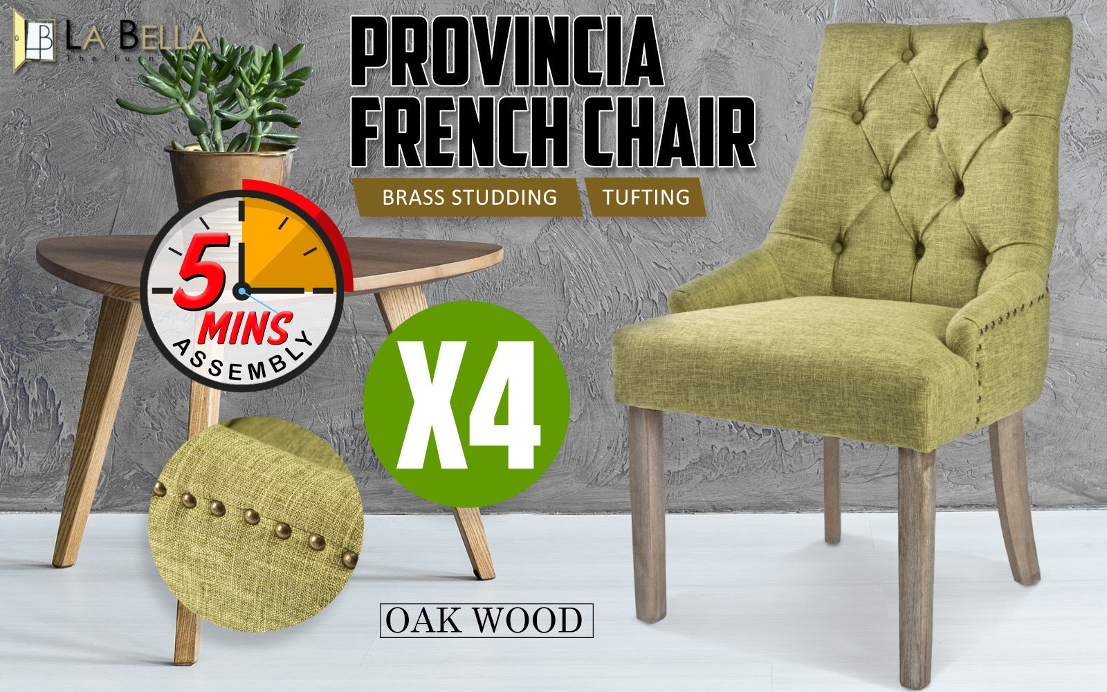 La Bella 4 Set Green French Provincial Dining Chair Amour Oak Leg Fast shipping On sale