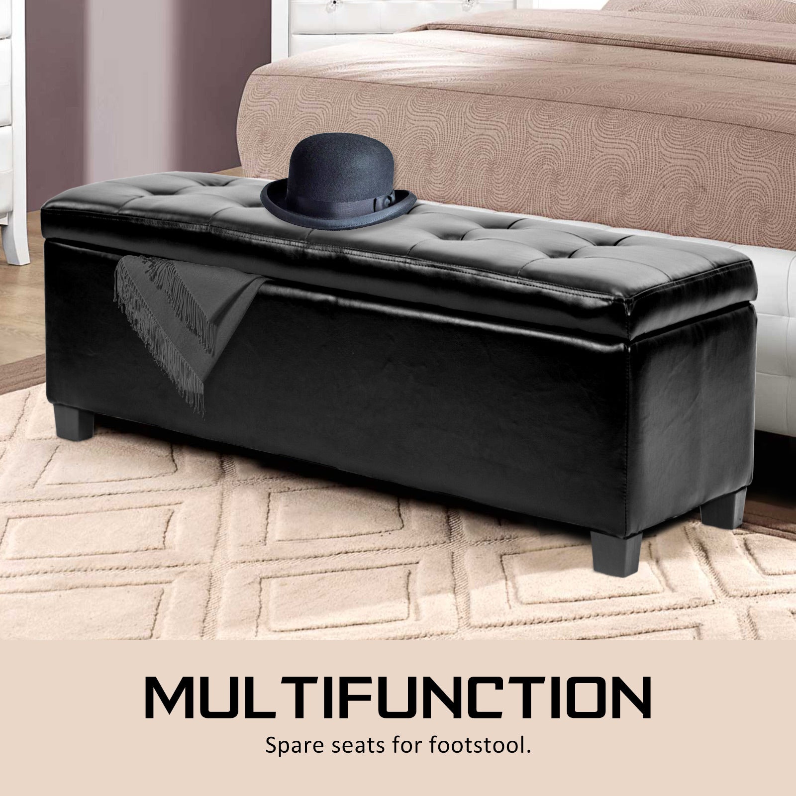 La Bella 102cm Black Storage Ottoman Stool Leather Fast shipping On sale