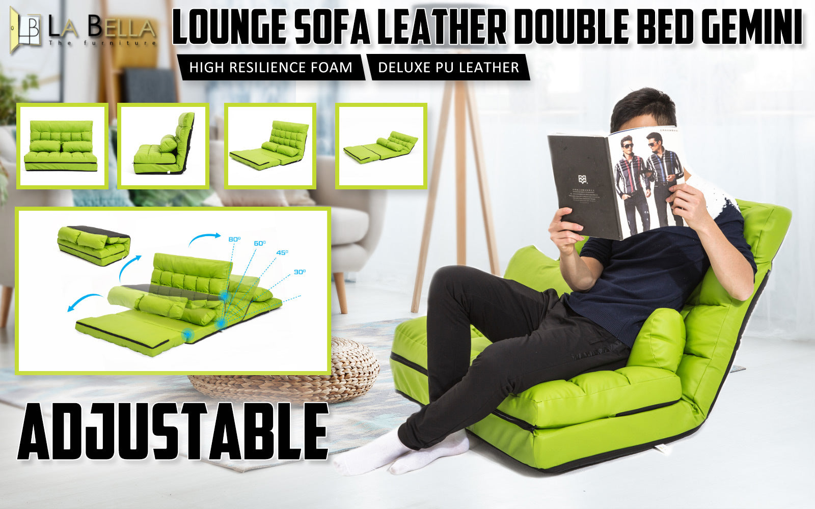 La Bella Double Seat Couch Bed Green Sofa Gemini Leather Fast shipping On sale