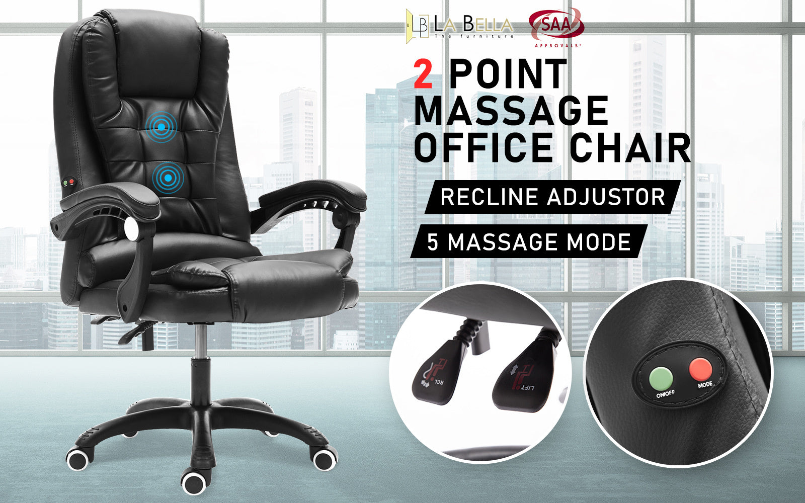 La Bella Black Massage Vibration Ergonomic Executive Office Chair Fast shipping On sale