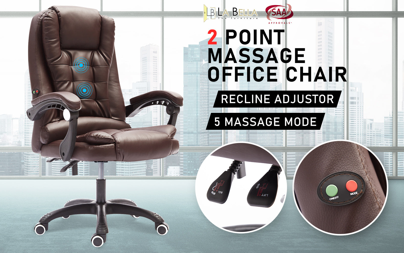 La Bella Espresso Massage Vibration Ergonomic Executive Office Chair Fast shipping On sale