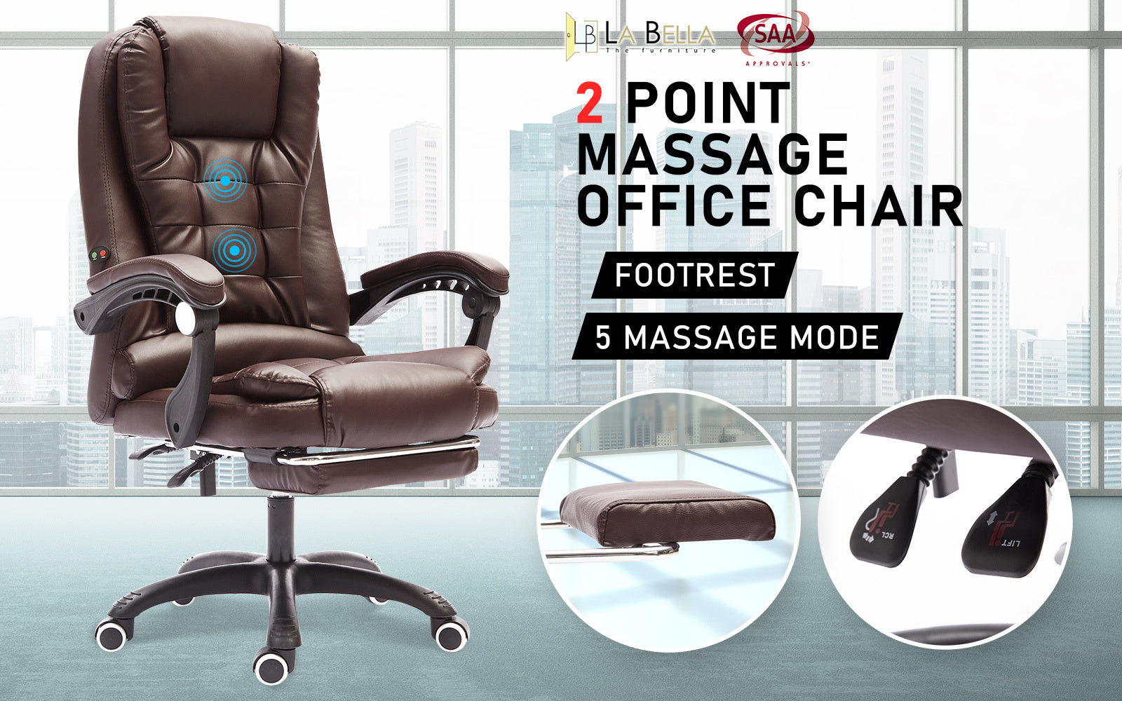 La Bella Espresso Massage Footrest Ergonomic Executive Office Chair Fast shipping On sale