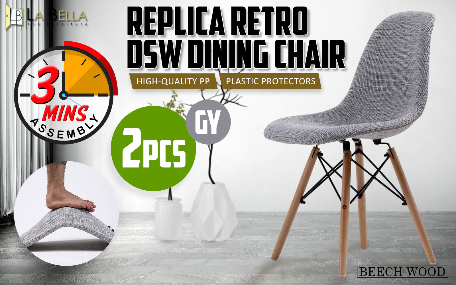 La Bella 2 Set Grey Retro Dining Cafe Chair DSW Fabric Fast shipping On sale