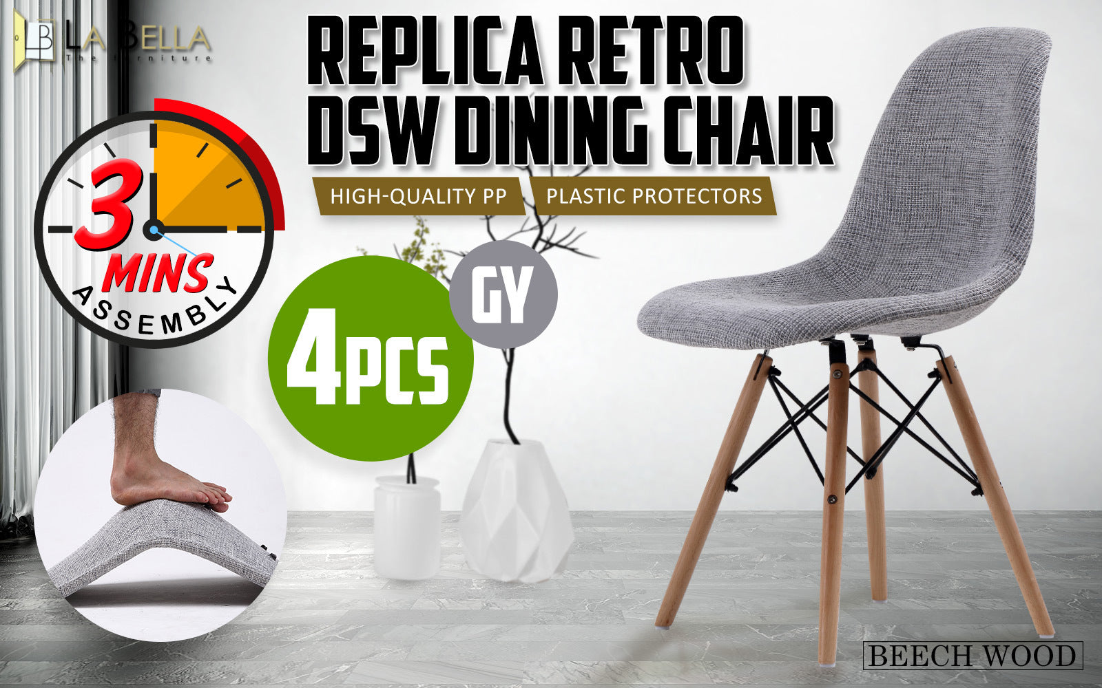 La Bella 4 Set Grey Retro Dining Cafe Chair DSW Fabric Fast shipping On sale