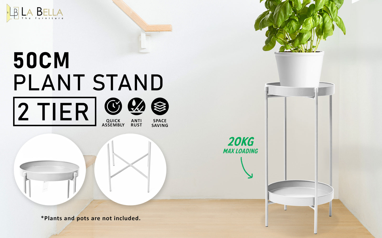 La Bella 50cm White Plant Stand Planter Shelf Rack 2 Tier Steel Outdoor Decor Fast shipping On sale