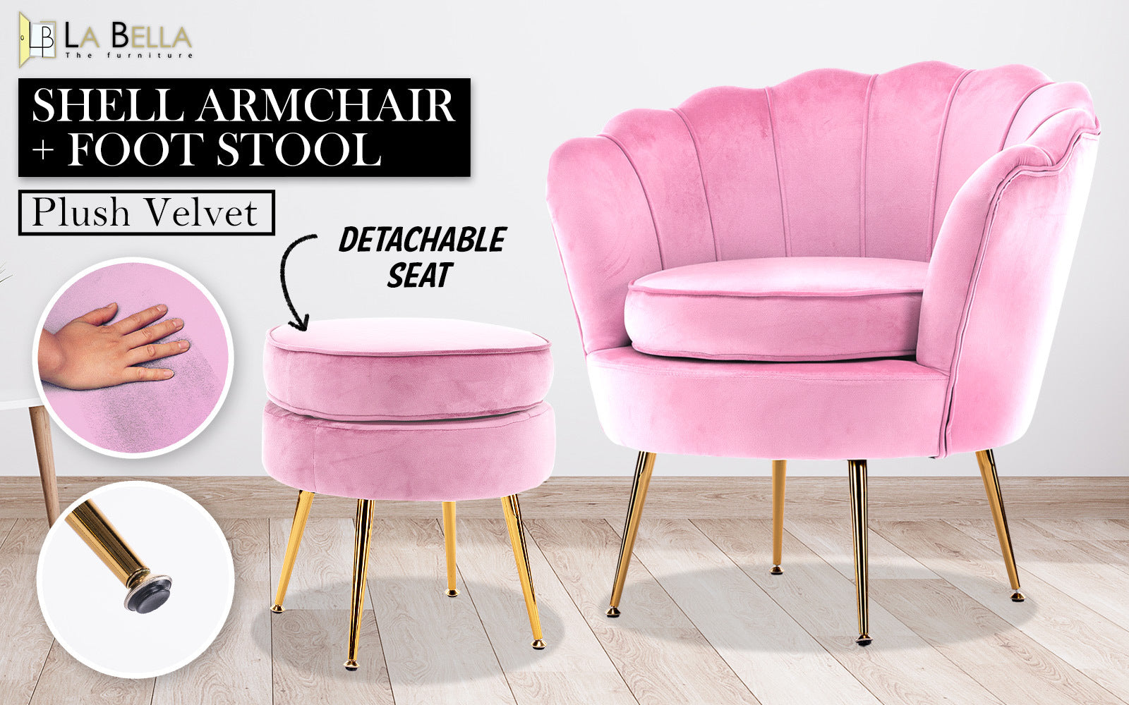 La Bella Shell Scallop Pink Armchair Accent Chair Velvet + Round Ottoman Footstool Fast shipping On sale