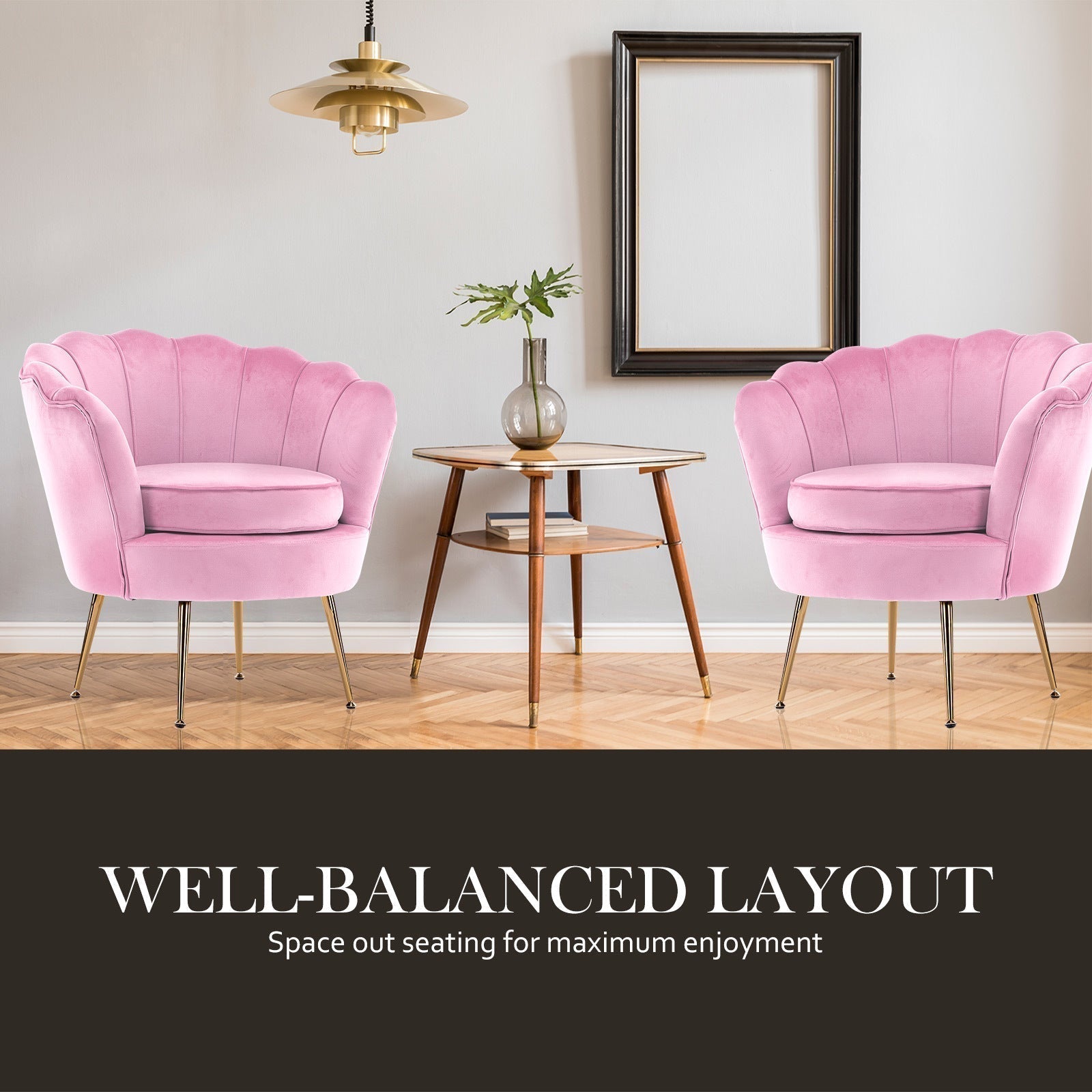La Bella Shell Scallop Pink Armchair Accent Chair Velvet + Round Ottoman Footstool